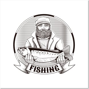 Fishing. Fisherman with fish. Posters and Art